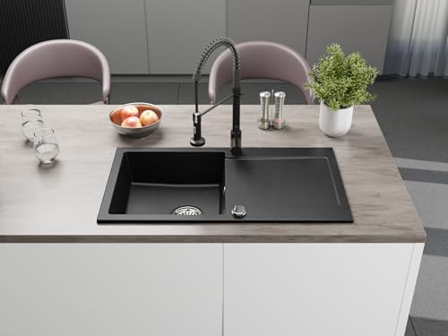 Faizee Home | Granitspüle 90x50 cm – Reversibles Spülbecken mit Abtropffläche inkl. Siphon & Drehexzenter | Kratzfest, hitzebeständig & für 45 cm Unterschränke (Spiral, Schwarz Gesprenkelt) von Faizee Möbel