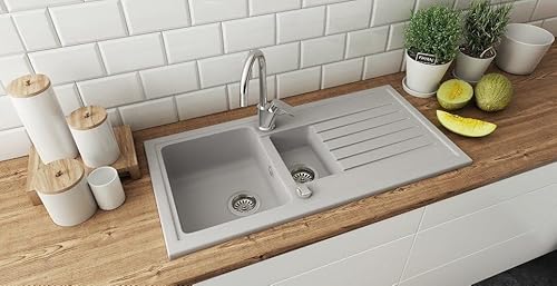 Faizee Home | Spülbecken Grau 100x50 cm aus Granit – Modell Napoli mit 2 Becken & Abtropffläche | Beidseitig montierbare Einbauspüle | Küchenspüle inkl. Siphon-Set (Grau) von Faizee Möbel