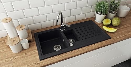 Faizee Home | Spülbecken Schwarz Gesprenkelt 100x50 cm aus Granit – Modell Napoli mit 2 Becken & Abtropffläche | Beidseitig montierbare Einbauspüle | Küchenspüle inkl. Siphon-Set (Schwarz Gesprenkelt) von Faizee Möbel