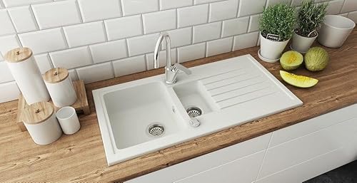Faizee Home | Spülbecken Weiß 100x50 cm aus Granit – Modell Napoli mit 2 Becken & Abtropffläche | Beidseitig montierbare Einbauspüle | Küchenspüle inkl. Siphon-Set (Weiß) von Faizee Möbel