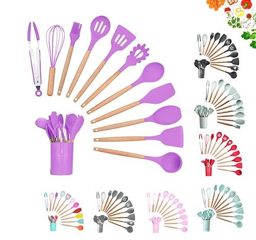 Faizee Möbel | 12-teiliges Silikon-Küchenhelfer-Set mit Holzgriffen – Hitzebeständiges & antihaftbeschichtetes Kochbesteck, langlebige Küchenutensilien, BPA-frei, spülmaschinenfest (Lila) von Faizee Möbel