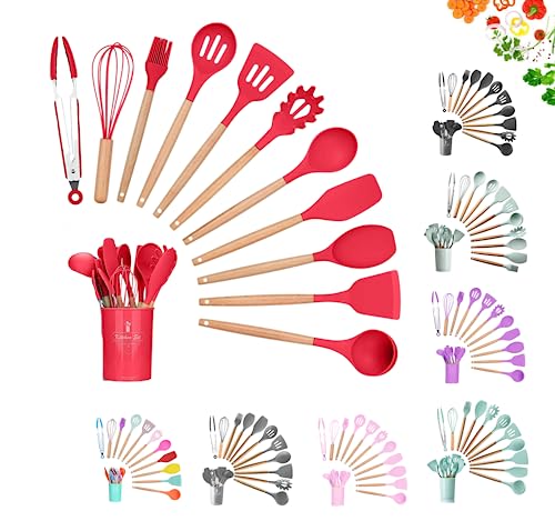Faizee Möbel | 12-teiliges Silikon-Küchenhelfer-Set mit Holzgriff | Hitzebeständiges Kochbesteck in Rot | BPA-freies Küchenutensilien-Set | Antihaftbeschichtetes Kochzubehör für Kochen & Backen von Faizee Möbel