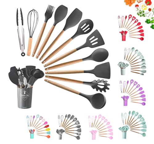 Faizee Möbel 12-tlg. Silikon-Küchenhelfer Set mit Holzgriff – Hitzebeständiges & antihaftbeschichtetes Kochbesteck, langlebige Küchenutensilien, BPA-frei, spülmaschinenfest (Schwarz) von Faizee Möbel