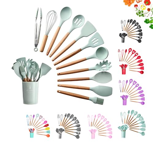 Faizee Möbel | 12-teiliges Silikon-Küchenhelfer-Set mit Holzgriff | Hitzebeständiges & BPA-freies Kochbesteck | Küchenutensilien-Set für Kochen & Backen | Spülmaschinenfest (Türkis) von Faizee Möbel