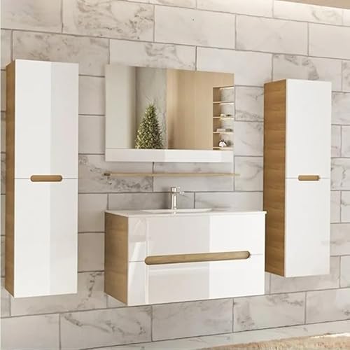 Faizee Möbel Aliyah Badmöbel Set 90 cm – 6-teiliges Badezimmermöbel mit LED-Unterschrank, Waschbecken, Softclose Schublade – Hochglanz Weiß & Eiche Optik – Modernes Design von Faizee Möbel
