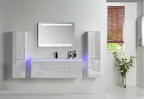 Faizee Möbel | 6-teiliges Badmöbel-Set 90 cm Weiß Hochglanz – Keramik-Waschbecken & LED-Spiegel – Seitenschrank rechts | Modernes Design fürs Bad von Faizee Möbel