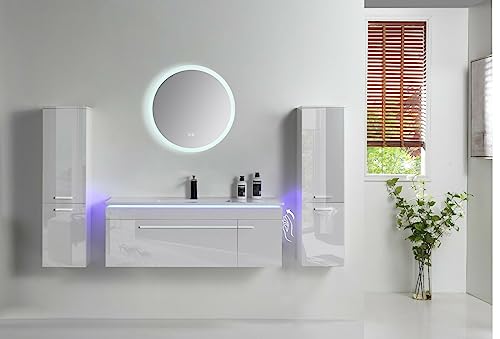 Faizee Möbel | Badmöbel-Set 90 cm in Weiß Hochglanz | Keramik-Waschbecken & Runder LED-Spiegel | Badezimmermöbel mit 2X Seitenschränken | Modernes Design für stilvolle Bäder von Faizee Möbel