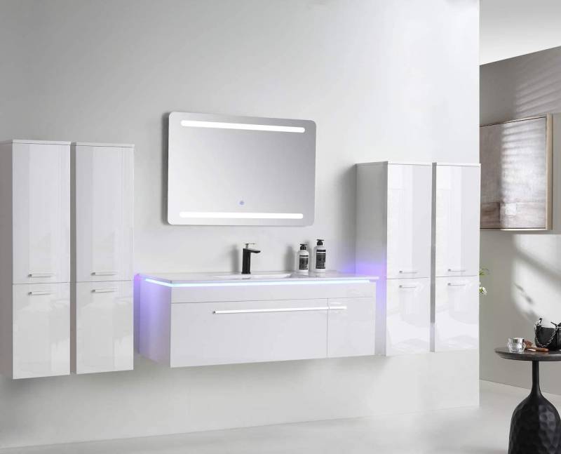 Faizee Möbel Badmöbel-Set Badmöbel Set 240 cm Weiß Hochglanz Lackiert Komplett mit Badeschränke, (Komplett Set, 7-St), Badmöbel set 240cm komplett Set Weiß LED-Spiegel mit Touch-Funktion von Faizee Möbel