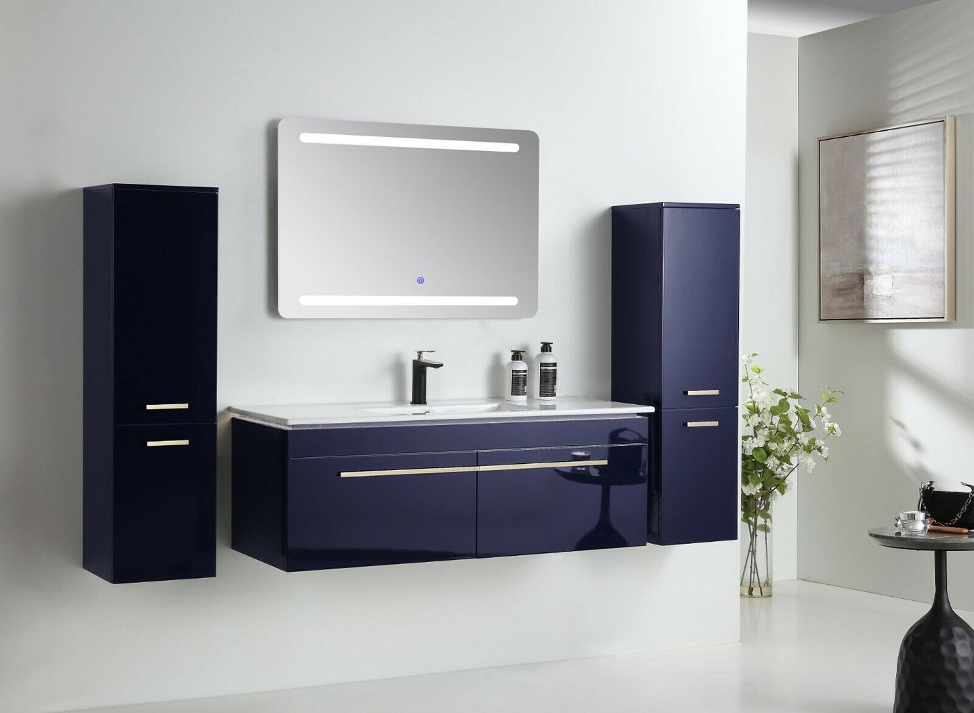 Faizee Möbel Badmöbel-Set Badmöbel- Set Schwarz/Weiß/Königsblau Keramik/Granit 120 cm, (Komplett-Set, 5-St), badmöbel set 120cm komplett Set LED-Spiegel mit Touch-Funktion von Faizee Möbel