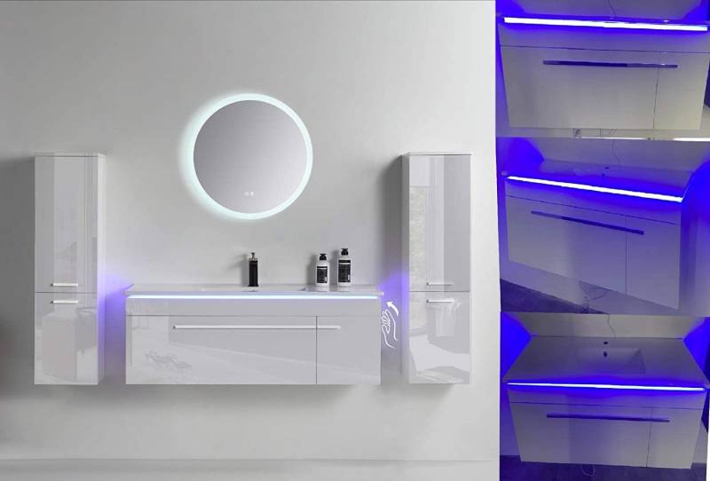 Faizee Home Badmöbel-Set Badmöbel Set Weiß 120 cm Komplett Set Mit Beheizbarer Spiegel, (Komplett-Set, 5-St., 5-tlg), Badmöbel set 120cm komplett LED-Spiegel und beheizbarer Spiegel von Faizee Home
