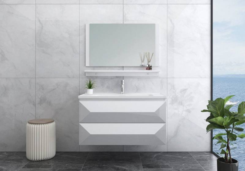 Faizee Möbel Badmöbel-Set Badmöbel Set vormontiert "Miran" Weiß/Schwarz Keramik Hochglanz 90 cm, (4-St) von Faizee Möbel