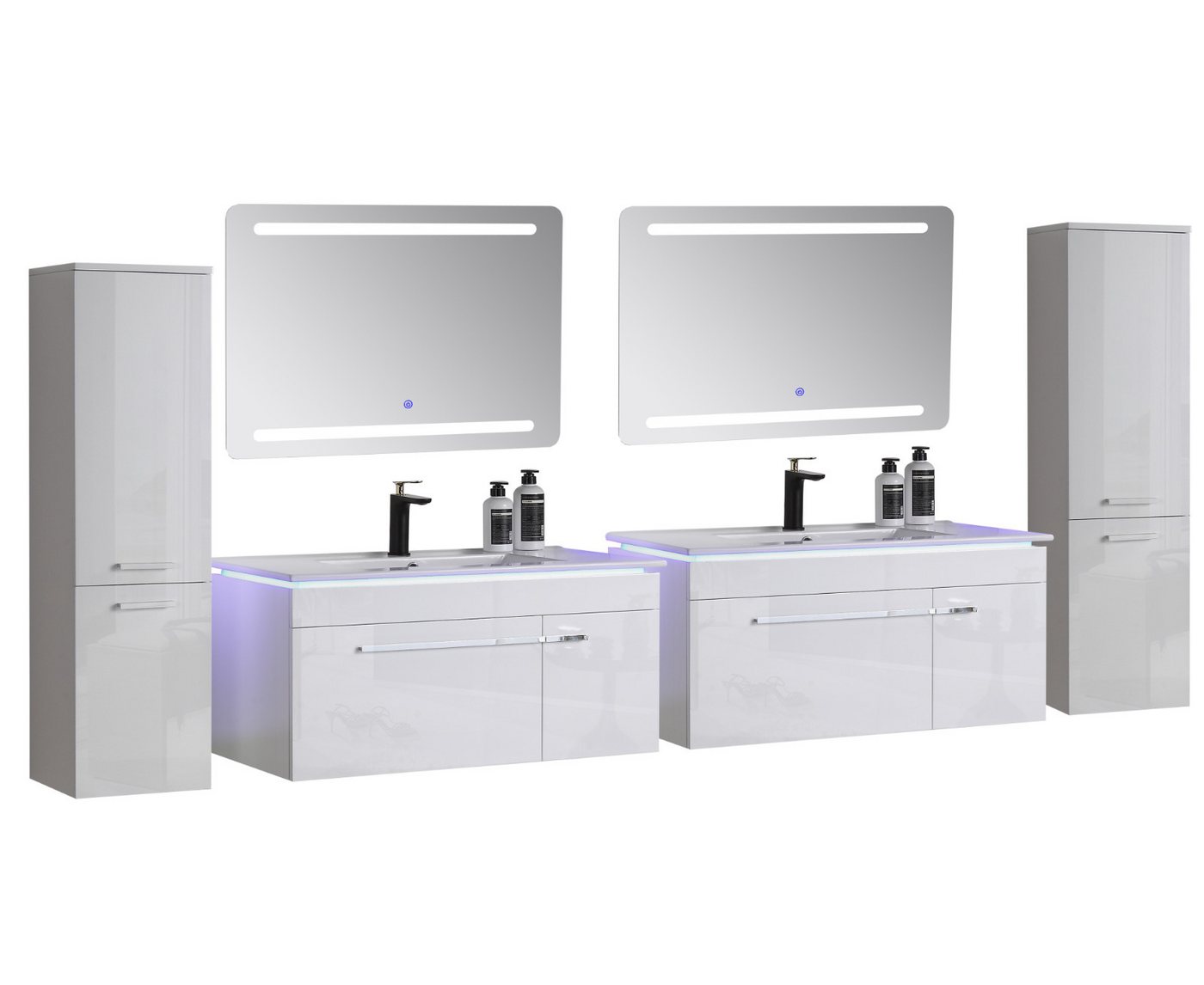 Faizee Möbel Badmöbel-Set Badmöbel set, Weiß komplett 5TLG 90/120 cm, (Komplett-Set, 6-St), LED-Spiegel mit Touch Badmöbel-Set VORMONTIERT Hochglanz lackiert von Faizee Möbel