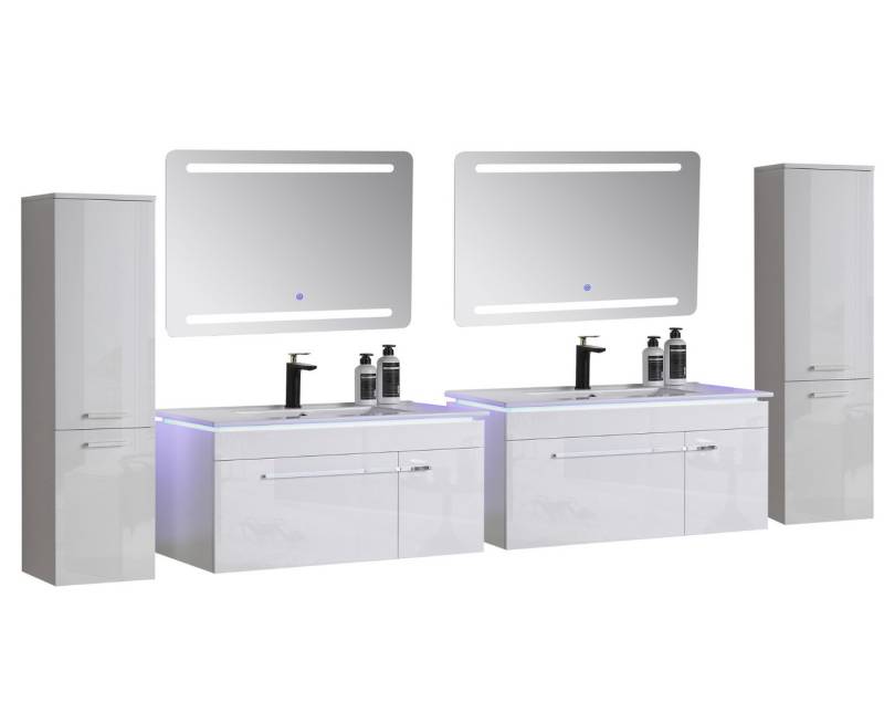 Faizee Möbel Badmöbel-Set Badmöbel set, Weiß komplett 5TLG 90/120 cm, (Komplett-Set, 6-St), LED-Spiegel mit Touch Badmöbel-Set VORMONTIERT Hochglanz lackiert von Faizee Möbel