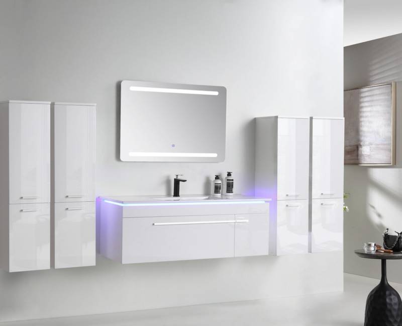 Faizee Möbel Badmöbel-Set Badmöbel set, Weiß komplett 5TLG 90/120 cm, (Komplett-Set, 6-St), LED-Spiegel mit Touch Badmöbel-Set VORMONTIERT Hochglanz lackiert von Faizee Möbel