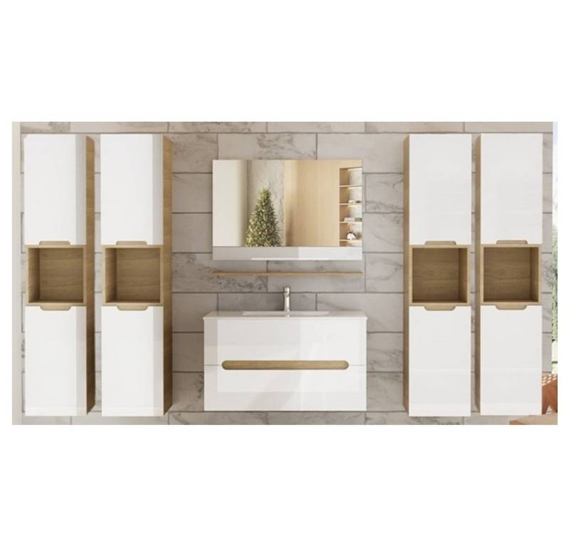 Faizee Möbel Badmöbel-Set 90cm Hochglanz Weiß inkl. Waschbecken&LED-Beleuchtung von Faizee Möbel