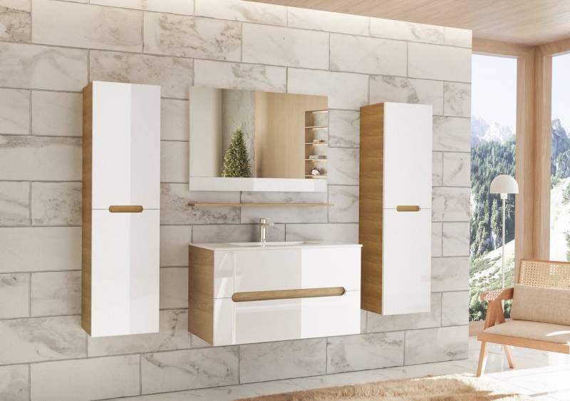 Faizee Möbel Badmöbel-Set Badmöbelset 90cm Hochglanz Weiß inkl. Waschbecken&LED-Beleuchtung von Faizee Möbel
