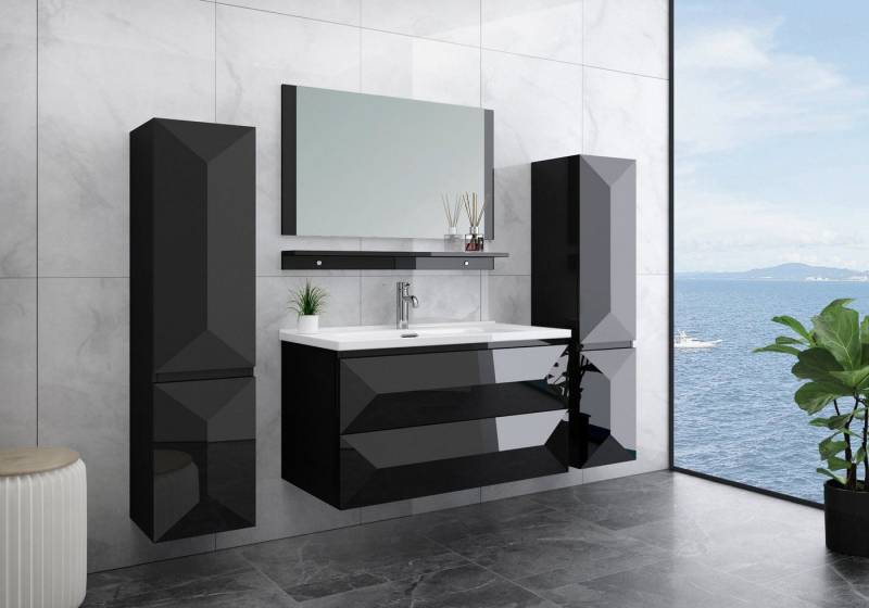 Faizee Möbel Badmöbel-Set Faizee Möbel, Badmöbelset Miran 90 cm Schwarz Hochglanz von Faizee Möbel