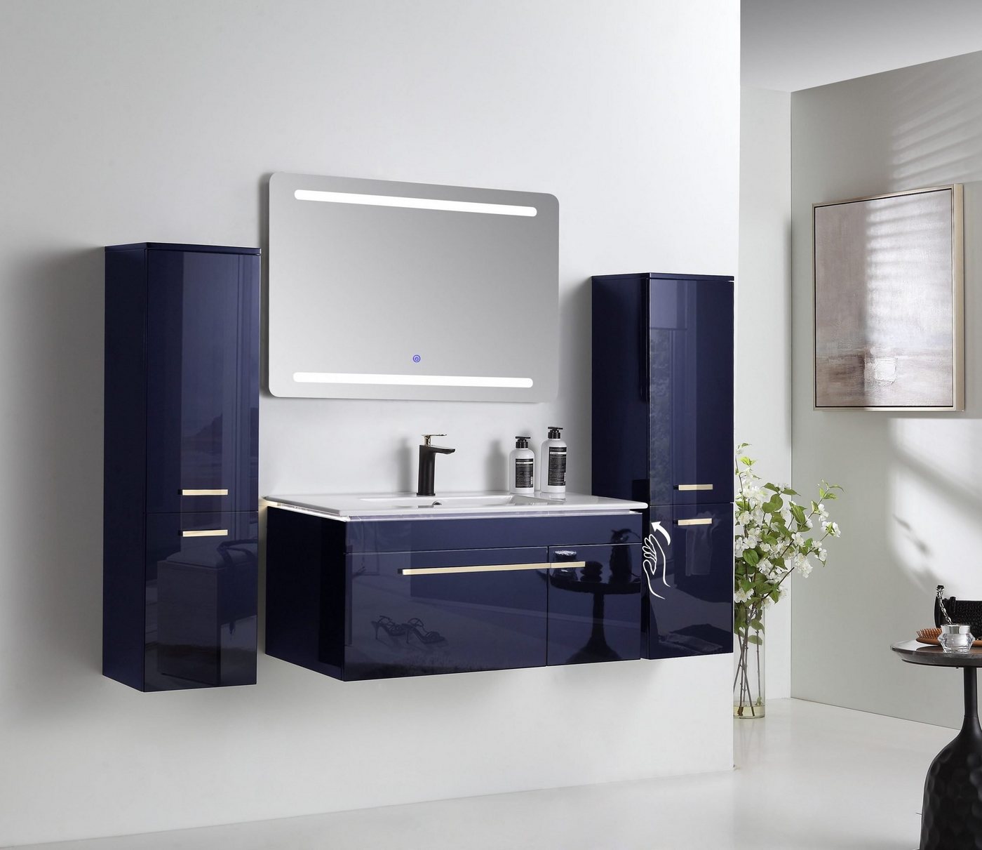 Faizee Möbel Badmöbel-Set badmöbel set, Königsblau komplett 5TLG 90 cm, (Komplett-Set, 5-St), Led beim Waschbecken-Unterschrank (TOUCH) Soft-Close-Mechanismus von Faizee Möbel