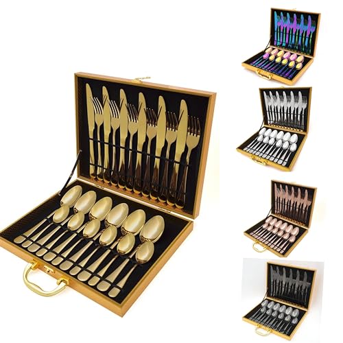 Faizee Möbel Besteckset 24 tlg.Gold Wooden Box Edelstahlbesteck für. 6 Personen Cutlery Set von Faizee Möbel