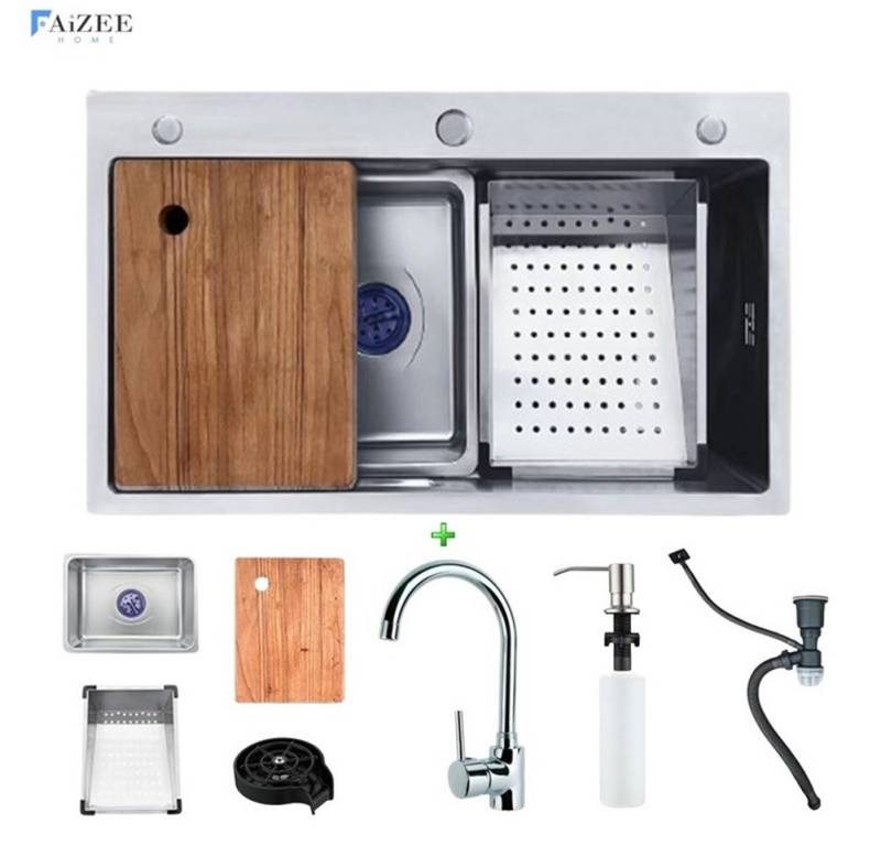 Faizee Möbel Edelstahlspüle Quantum 70x45cm mit Nano Spüle Küchenspüle mit Zubehör Becken von Faizee Möbel
