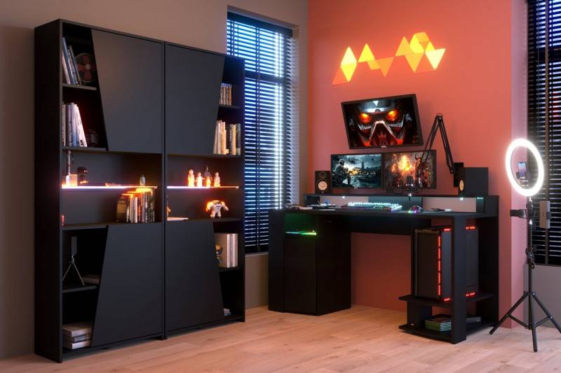 Faizee Möbel Gamingtisch Gamertisch Parisot mit 2x Regal PC-Tisch LED mit Farbwechsel (3-St) von Faizee Möbel