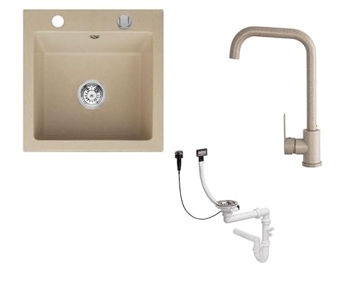 Faizee Möbel Granitspüle 48x50 Hochwertig beidseitig Montierbar Küchenspüle Eckig Einbaugranitspüle Granit Spülbecken f. Unterschränke ab 45 cm inkl.Siphon Set (Beige, Steel Beige) von Faizee Möbel