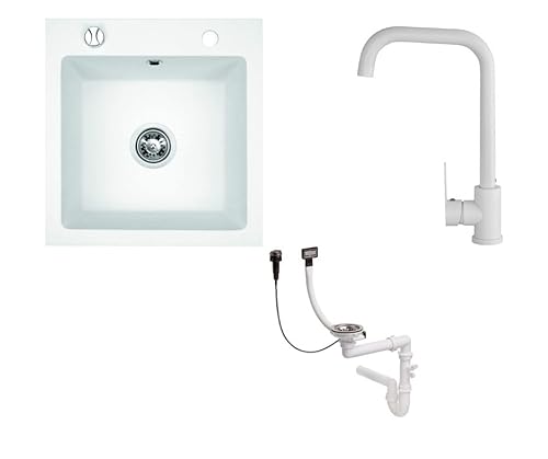 Faizee Möbel Granitspüle 48x50 Hochwertig beidseitig Montierbar Küchenspüle Eckig Einbaugranitspüle Granit Spülbecken f. Unterschränke ab 45 cm inkl.Siphon Set (Weiß, Steel Weiß) von Faizee Möbel