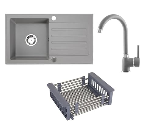 Faizee Möbel Granitspüle 76x44 Hochwertig beidseitig Montierbar Küchenspüle Granit inkl.Siphon Set (Mit Armatur & Spülkorb, Grau) von Faizee Möbel