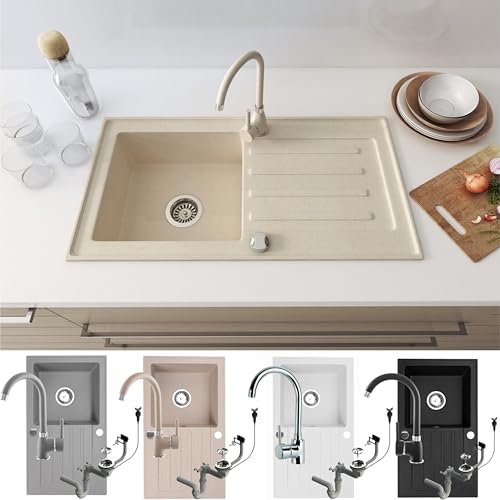 Faizee Möbel Granitspülen Set 75x44 cm beidseitig Montierbar Küchenspüle mit Armatur und Siphon Hochwertig Granit Beige von Faizee Möbel