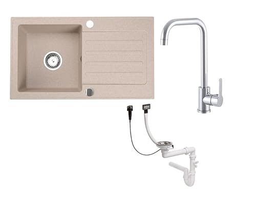 Faizee Möbel Granitspüle 76x44 Küchenspüle Eckig Spülbecken f. Unterschränke ab 45 cm inkl.Siphon Set (Beige, Steel Chrom) von Faizee Möbel