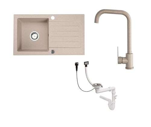 Faizee Möbel Granitspüle 76x44 Küchenspüle Eckig Spülbecken f. Unterschränke ab 45 cm inkl.Siphon Set (Grau, Steel Beige) von Faizee Möbel