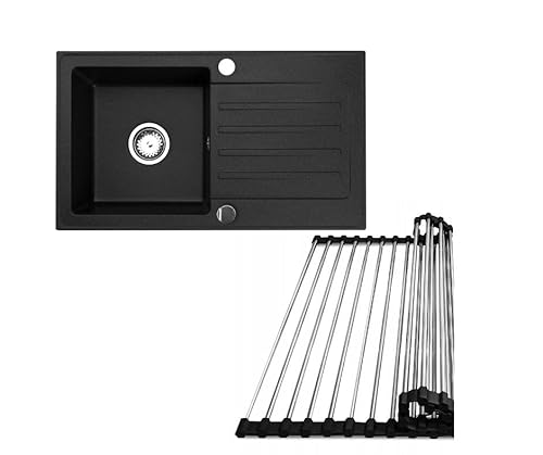 Faizee Möbel Granitspüle 76x44 Schwarz +Abtropfgitter Hochwertig beidseitig Montierbar Küchenspüle Granit inkl.Siphon Set von Faizee Möbel