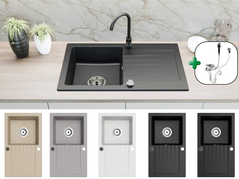 Faizee Möbel Granitspüle Faizee Home, Graniteinbauspüle Alisha 75×43,5 cm–Hochwertige Spüle, Beidseitig montierbar, kratzfest, hitzebeständig bis 280 °C, pflegeleicht, EU-Herstellung, (Spüle mit Zubehör, Granitspüle 75×43,5, Siphon-Set, Drehexcenter, Zubehör), Granitspüle 75×43,5, kratzfest, hitzebeständig, Siphon, EU von Faizee Möbel
