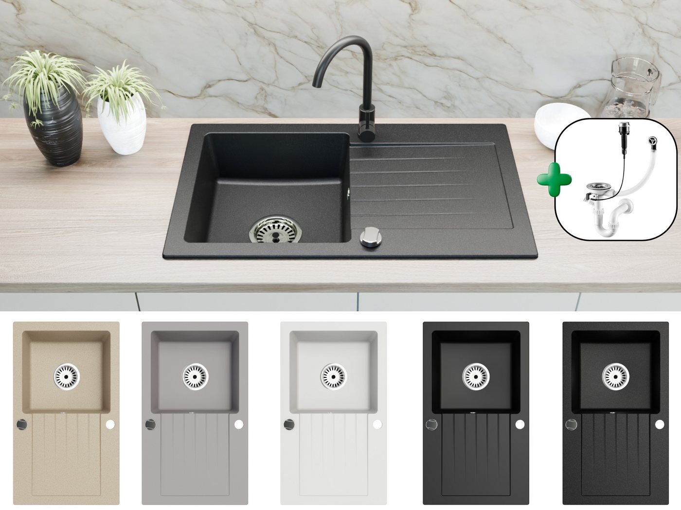 Faizee Möbel Granitspüle Faizee Home Granitspüle 75x43,5 mit Abtropfgitter, Armatur wählbar, Beidseitig montierbar (reversibel), Kratzfest & hitzebeständig bis 280 °C, Pflegeleicht & chemikalienresistent, Mit Abtropffläche, Inklusive Siphon-Set, (Spüle mit Zubehör, Granitspüle 75x43,5, Abtropfgitter, Siphon, Armatur optional), Granitspüle 75x43,5, Abtropffläche, pflegeleicht, Siphon, EU von Faizee Möbel