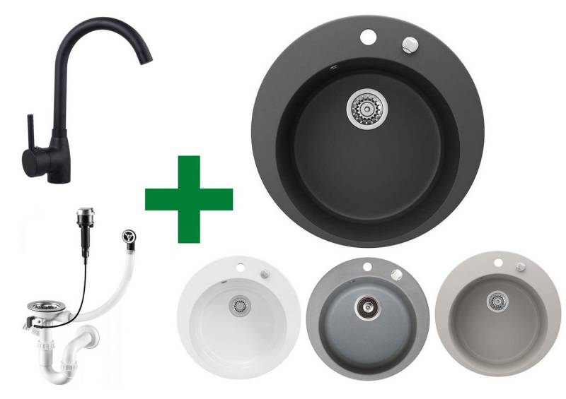 Faizee Möbel Granitspüle Granit Spüle Einbauspüle rund Spülbecken+Drehexcenter+Siphon 49cm, Rund von Faizee Möbel