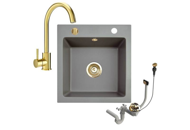 Faizee Möbel Granitspüle Granitspüle 48x50 +Armatur Gold Küchenspüle Spülbecken inkl. Siphon, eckig, 48/50 cm von Faizee Möbel