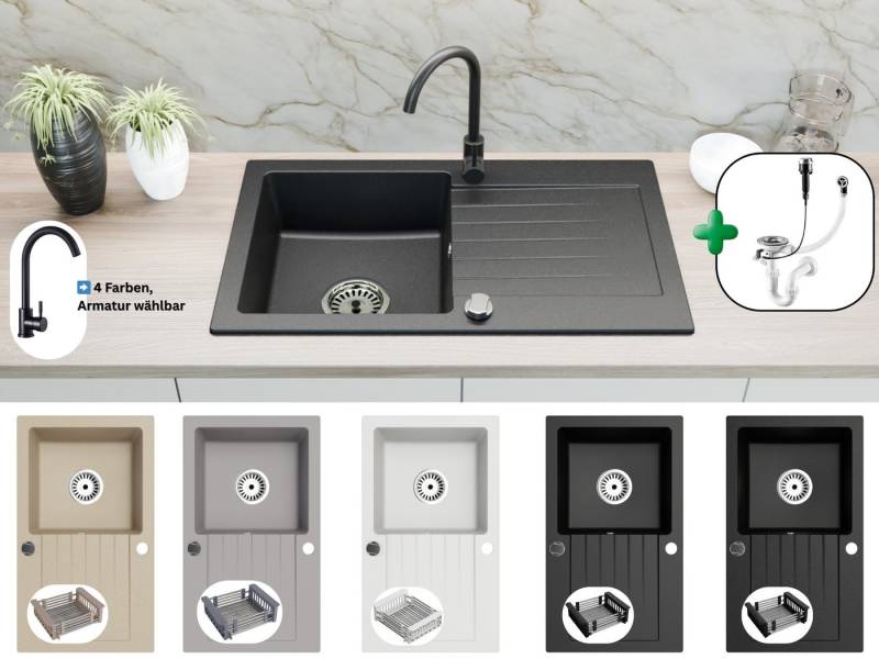 Faizee Möbel Granitspüle Granitspüle 75×43,5 cm, Spülkorb, Armatur wählbar, Einbauspüle, Beidseitig montierbar, kratzfest, hitzebeständig bis 280 °C, pflegeleicht, mit verstellbarem Spülkorb, (Spüle mit Spülkorb, Granitspüle 75×43,5, Spülkorb, Siphon-Set, Zubehör), Granitspüle 75×43,5, kratzfest, pflegeleicht, Spülkorb von Faizee Möbel