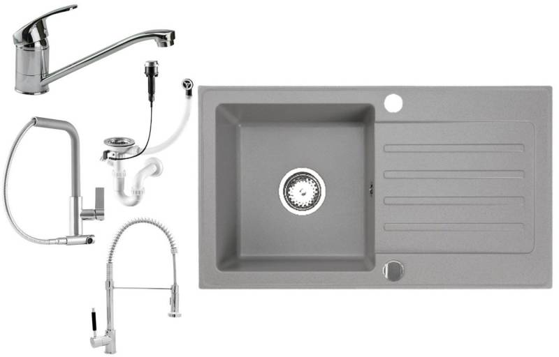 Faizee Möbel Granitspüle Granitspüle 76x44 Grau+ Armatur Einbauspüle inkl. Siphon Set, Eckig, 76/44 cm von Faizee Möbel