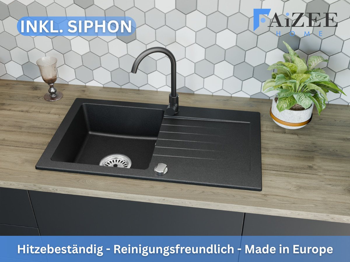 Faizee Möbel Granitspüle Granitspüle 76x44 Schwarz+ Armatur Schwarz Eckig inkl Siphon, Eckig, 75/43,5 cm Faizee Möbel Granitspüle Granitspüle 76x44 Schwarz+ Armatur Schwarz Eckig inkl Siphon, Eckig, 75/43,5 cm von Faizee Möbel