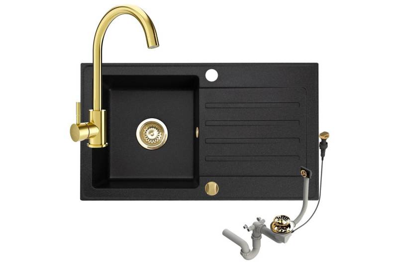 Faizee Möbel Granitspüle Granitspüle 76x44 und Armatur Gold Küchenspüle mit Siphon, Rechteck, 75/45 cm von Faizee Möbel