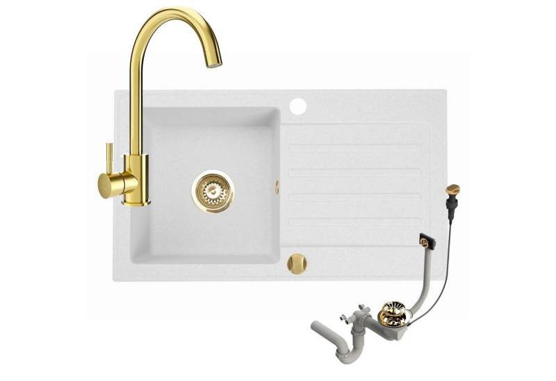 Faizee Möbel Granitspüle Granitspüle 76x44 und Armatur Gold Küchenspüle mit Siphon, Rechteck, 75/45 cm von Faizee Möbel