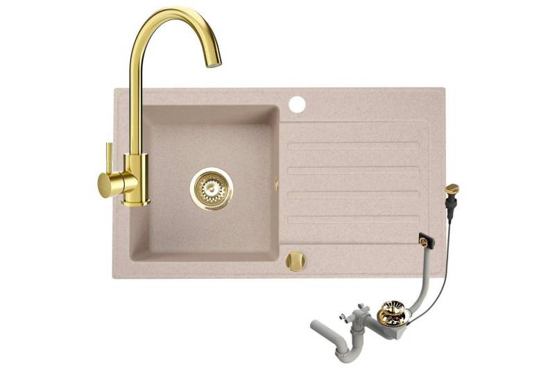 Faizee Möbel Granitspüle Granitspüle 76x44 und Armatur Gold Küchenspüle mit Siphon, Rechteck, 75/45 cm von Faizee Möbel