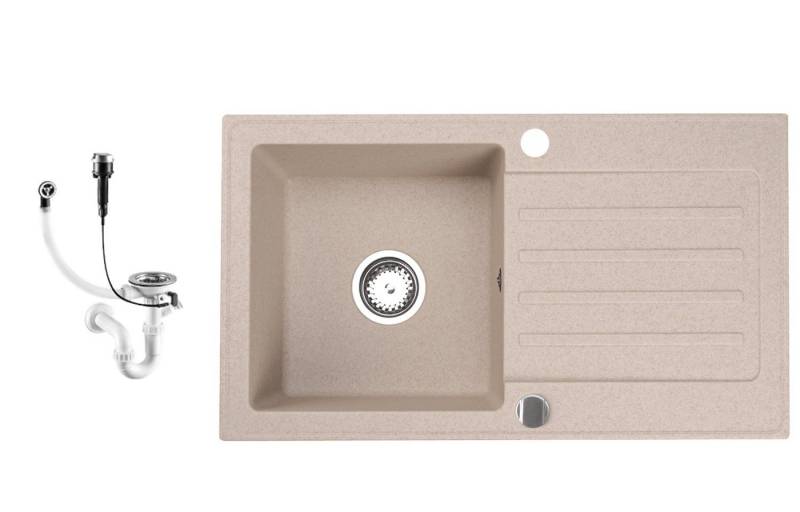Faizee Möbel Granitspüle Faizee Home Granitspüle Alisha 75x43,5 cm Beige – Spüle mit Siphon, rechteckig, 75/16.5 cm, Granitspüle:76 x 16 x 44 cm (BxHxT) Farbe: Beige Material: Granit Vorgebohrt für eine Armatur Reversibel – Links oder Rechts montierbar, (mit Zubehör, 1 St., Granitspüle mit Abtropffläche & Siphon-Set), Reversibel montierbare Granitspüle mit Abtropffläche & Siphon von Faizee Möbel