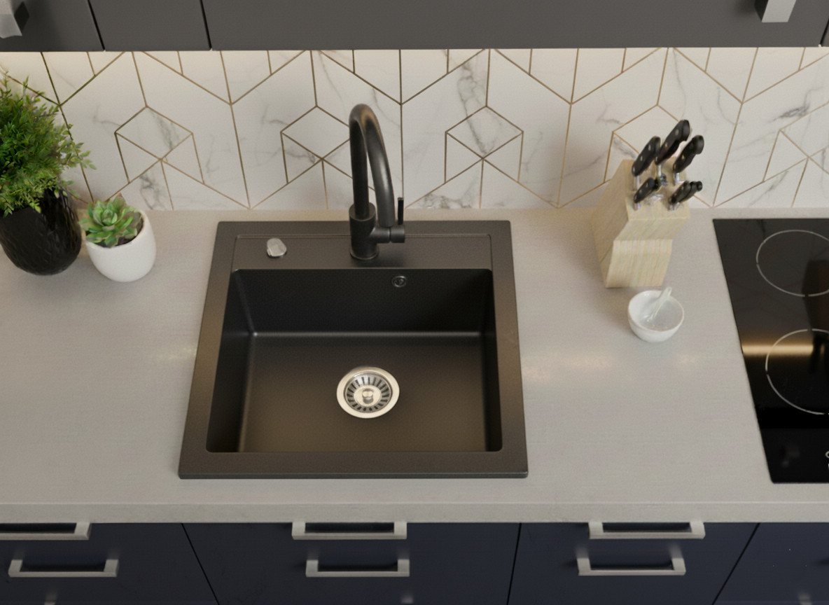 Faizee Möbel Granitspüle Granitspüle Küchenspüle Granit Siphon Spüle 49x52 cm Schwarz, Eckig, 49/52 cm von Faizee Möbel