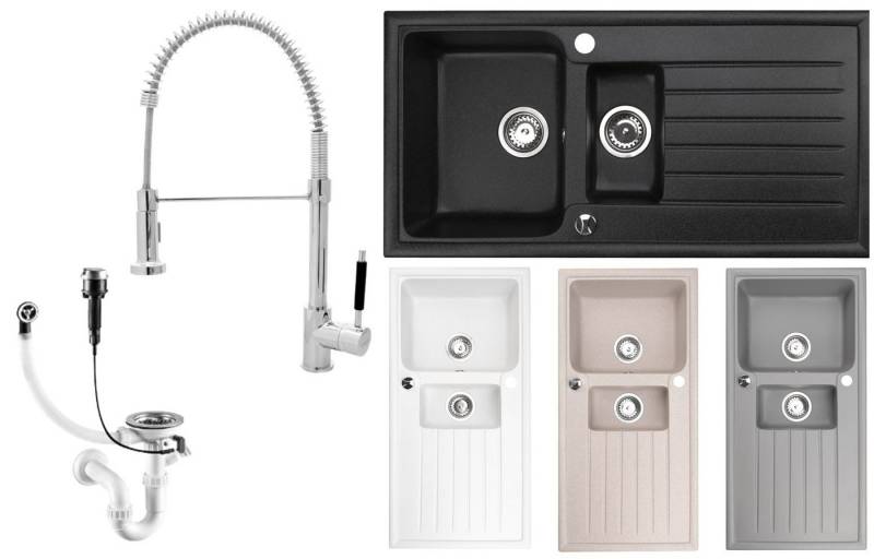 Faizee Möbel Granitspüle Granitspüle 100x50 cm Spülbecken 2 Becken mit Armatur Spiral u. Siphon von Faizee Möbel