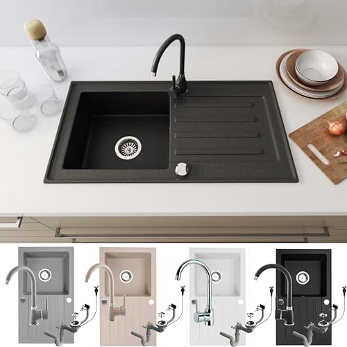 Faizee Home | Granitspüle Set 75x44 cm Schwarz – Beidseitig montierbare Küchenspüle mit Armatur in Chrom & Siphon | Hochwertiges Spülbecken aus Granit von Faizee Möbel