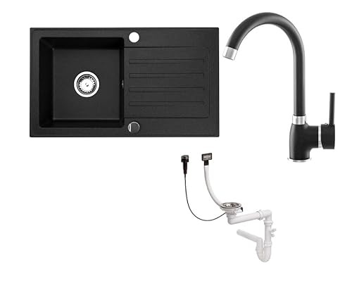 Faizee Home | Granitspüle Set 75x44 cm Schwarz – Beidseitig montierbare Küchenspüle mit Armatur in Schwarz & Siphon | Hochwertiges Spülbecken aus Granit von Faizee Möbel