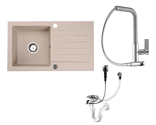 Faizee Möbel Granitspülen Set 75x44 beidseitig Montierbar Küchenspüle mit Armatur Side und Siphon Hochwertig Granit Beige von Faizee Möbel