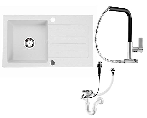 Faizee Möbel Granitspülen Set 75x44 beidseitig Montierbar Küchenspüle mit Armatur Side und Siphon Hochwertig Granit Weiß von Faizee Möbel