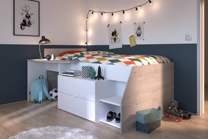 Faizee Möbel Holzbett Hochbett Milky 1 Parisot weiß/grau +Schreibplatte+Kommode+Ablagefach von Faizee Möbel